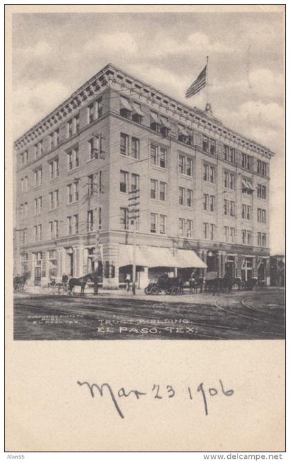 El Paso Texas, Trust Building, Street Scene c1900s Vintage Postcard