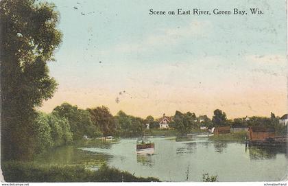 AK Green Bay Scene on East River a Preble Allouez De Pere Stempel Postmark New Holstein Wisconsin WI United States USA