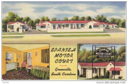 Greenville SC South Carolina, Spanish Motor Court Motel Lodging, Interior View, c1940s Vintage Curteich Linen Postcard