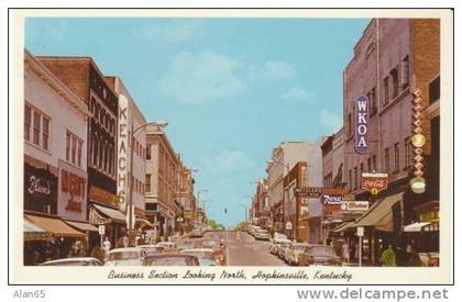 Hopkinsville KY Kentucky, Chrome Street Scene, WKOA, Rexall Drug, Coca-Cola Signs, Auto, c1950s Vintage Postcard