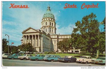 Topeka KS State Capitol Building 1950s/60s Vintage Autos on Chrome Postcard