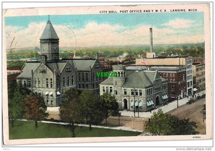 Carte Postale Ancienne de LANSING – CITY HALL, POST OFFICE AND Y.M.C.A.