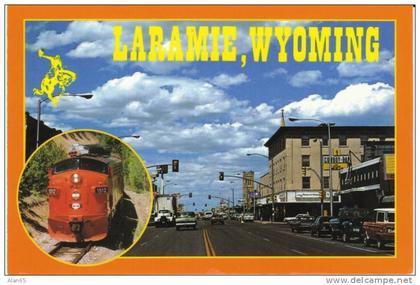 Laramie WY Wyoming, Street Scene Autos, Train Railroad Engine, on c1980s Vintage Postcard