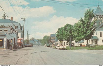 Greenville Maine Main Street Scene, Auto with Boat, Gas Station, c1960s Vintage Postcard