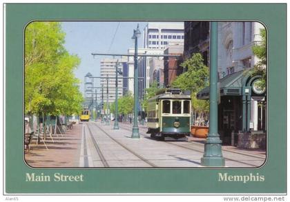 Memphis TN Tennessee , Main Street Scene with Street Car Trolleys, on 1990s Vintage Chrome Postcard