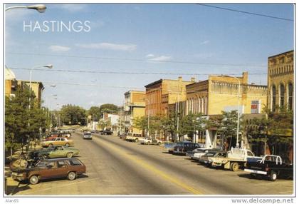 Hastings MI Michigan, Main Street View, Trucks, Business Stores, on c1980s Vintage Postcard