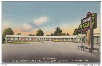 Corinth MS Mississippi, Corna Plaza Motel on c1940s/50s Vintage Linen Postcard