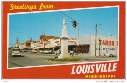 Louisville MS Mississippi, Street Scene, Tabor Drug Store, c1960s Vintage Postcard