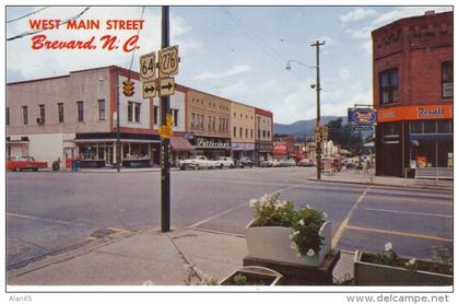 Brevard NC North Carolina, Street Scene, Autos, Rexall Drug Store, c1950s/60s Vintage Postcard