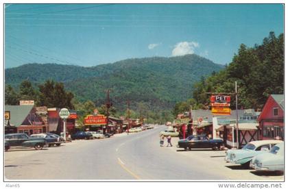 Cherokee NC North Carolina, Business District, Qualla Indian Reservation, Autos, Restaurant, c1950s Vintage Postcard