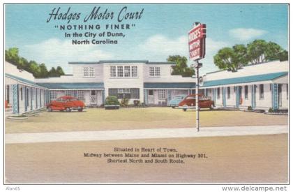 Dunn NC North Carolina, Hodges Motor Court Motel Lodging, Auto, c1940s/50s Vintage Linen Postcard