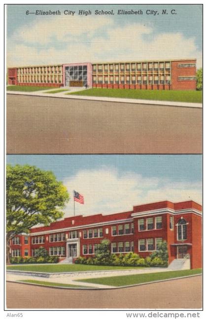 Elizabeth City NC North Carolina, High School Building, c1950s Vintage Curteich Linen Postcard