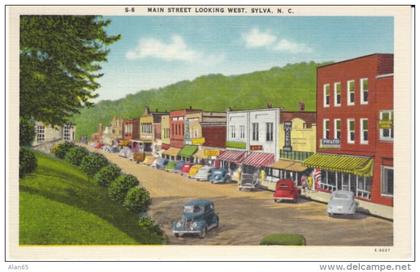 Sylva NC North Carolina, Main Street Scene, Business District Autos, c1930s/40s Vintage Linen Postcard