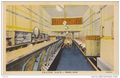 Provo UT Utah, Sutton Cafe Interior View Restaurant, c1930s Vintage Curteich Linen Postcard