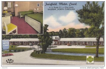 Raleigh NC North Carolina, Fairfield Motor Court, Motel Lodging, c1950s Vintage Linen Postcard