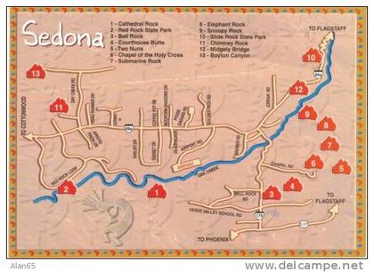 Sedona AZ Arizona Map of Town on Modern Postcard