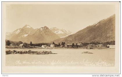 Sitka AK Alaska, View of Town from Water, Harbor, Sheldon Jackson School, c1910s Vintage Real Photo Postcard