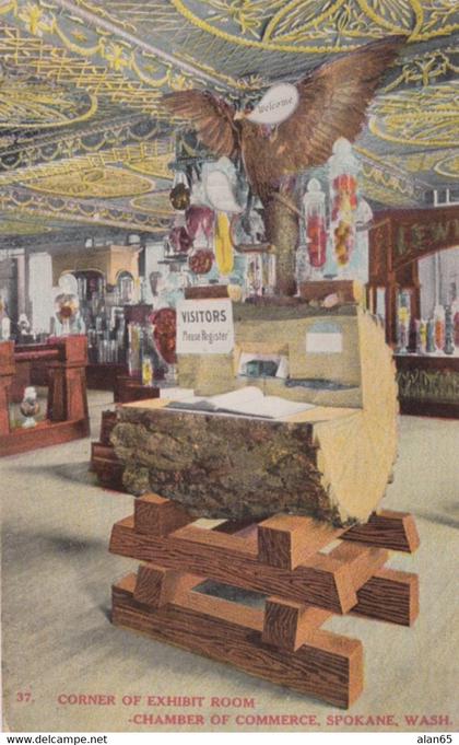 Spokane Washington, Chamber of Commerce Exhibit Hall, Wood, Produce, Bird, c1910s Postcard