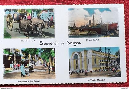 CPSM-Souvenir de Saïgon Indochine Cochinchine Mandat francais années 50-☛Carte Postale Asie  Viêt-Nam-multi vues charete