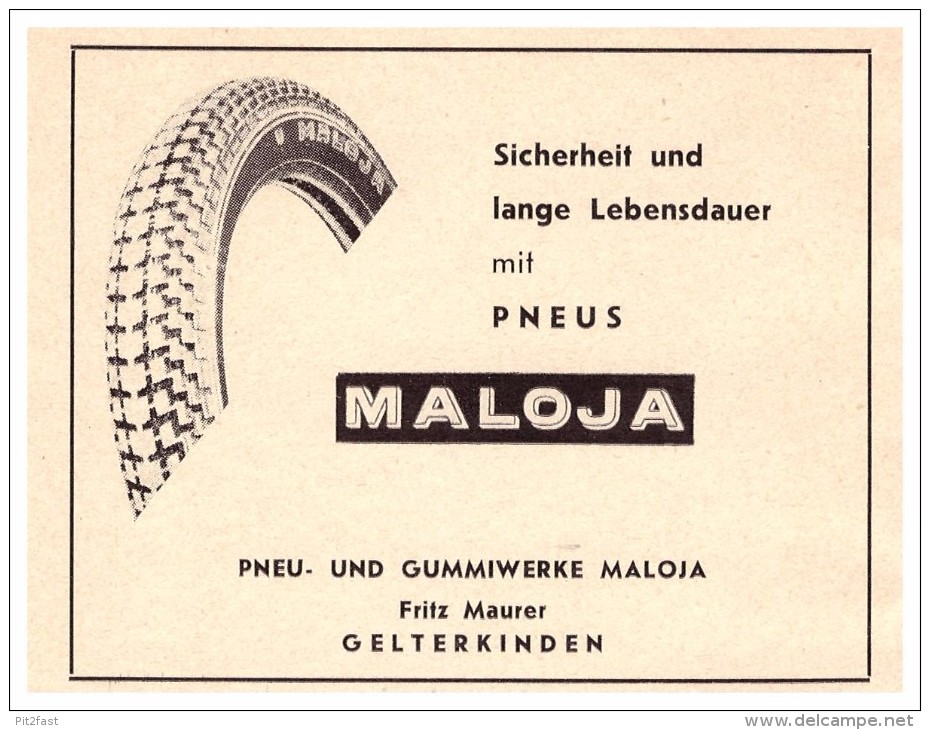 Werbung / Reklame - Pneu- und Gummiwerk in Gelterkinden 1961 , Fritz Maurer , Maloja - Reifen , Anzeige !!!