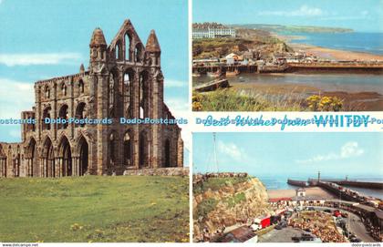 R303800 Best Wishes from Whitby Whitby Abbey The Harbour and West Cliff Khyber P