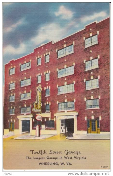 Wheeling WV West Virginia, Twelfth Street Garage, Esso Gas Pump, Auto, c1930s/40s Vintage Linen Postcard