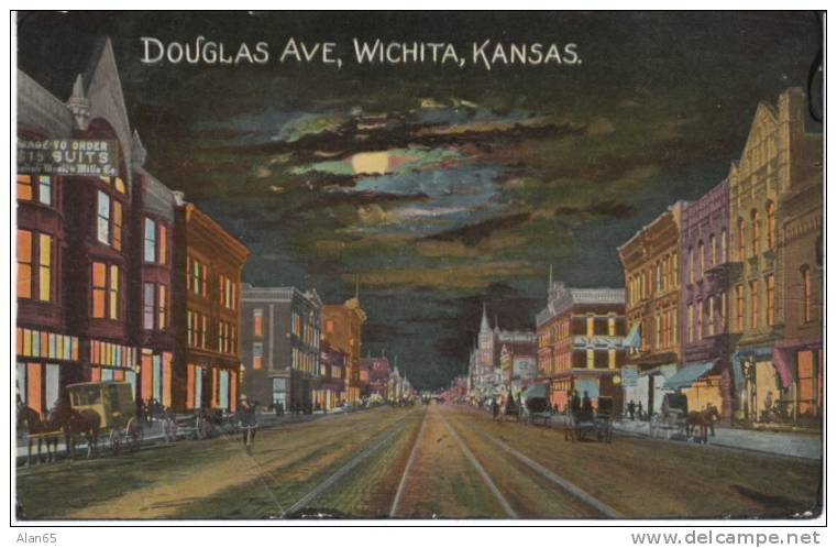 Wichita KS Douglas Ave 1907 Vintage Street Scene Postcard, Railroad Cancel Postmark KC & Caldwell RPO