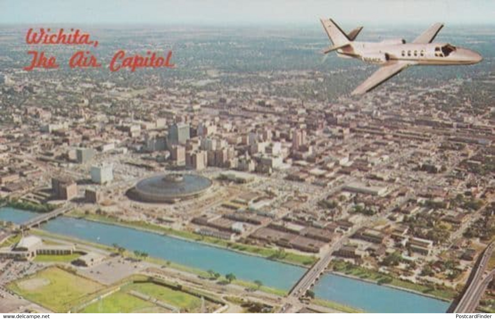 Wichita The Air Capitol Plane Flying Over State 1960s Postcard