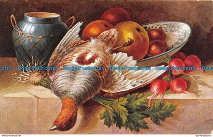 R121117 Old Postcard. Vase Bird Apples Onions. Hildesheimer