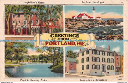 R244401 Greetings from Portland Me Longfellows Home Portland Headlight Pond in D