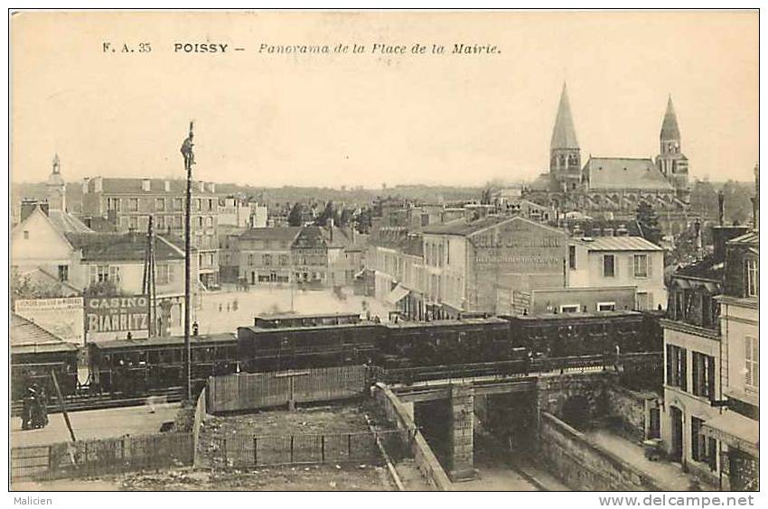 yvelines -ref A667- poissy - panorama de la place de la mairie -plan train gare ligne de chemin de fer-carte bon etat -