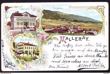 1902 gelaufene Litho AK: Souvenir de Malleray mit Consommation und Fabrique planchard