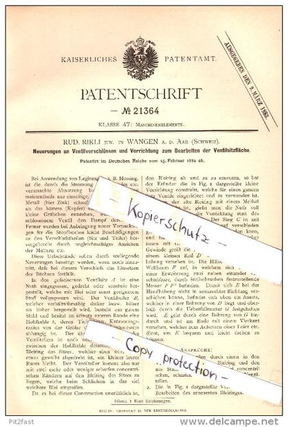 Original Patent - Rud. Rikli in Wangen a.d. Aare , 1882 , Vorrichtung zum Bearbeiten von Ventilsitzen , Maschinenbau !!!