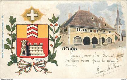 MOTIERS - vue générale, blason de la ville.