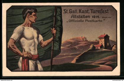 Künstler-AK Altstätten, St. Gall. Kant. Turnfest 1914. Turner mit Standarte